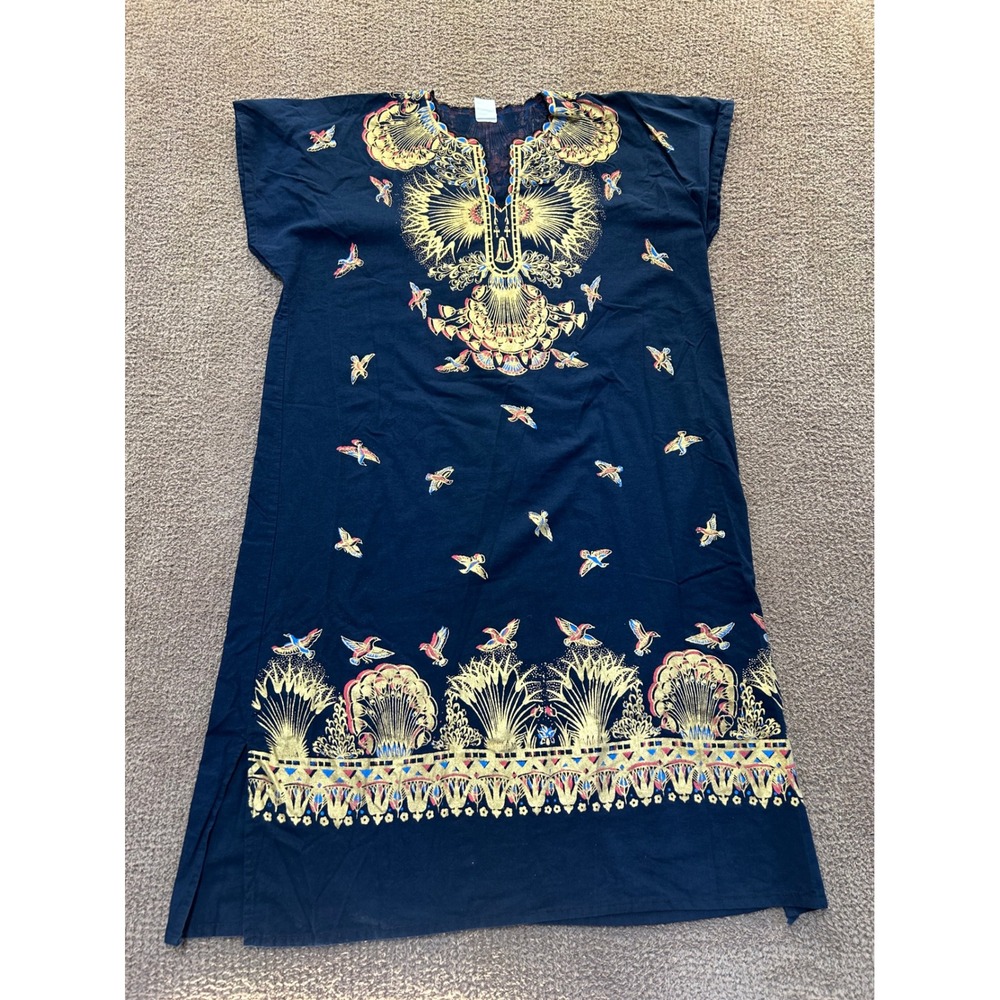 Horus Egyptian Cotton Kaftan Dress Navy Blue Gold Bird Print Boho Loungewear 4